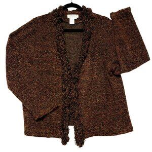 Coldwater Creek Womens Brown Textured Open Front Cardigan L Fringe Accent